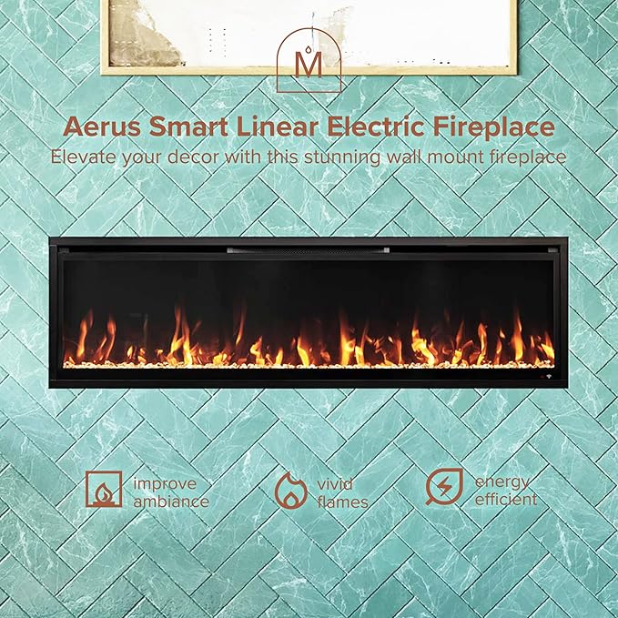 Modern Ember Aerus Slim 60 Inch Smart Linear Electric Fireplace | Recessed in-Wall or Wall-Mount | LED Multiple Flame Colors | Alexa/WiFi Enabled | 4.25” Profile | Remote Included