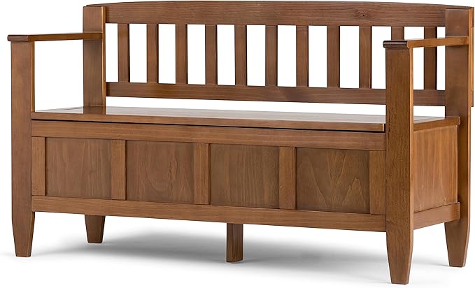 SIMPLIHOME Brooklyn Entryway Storage Bench - 48 inch Wide Solid Wood Hallway Bench in Medium Saddle Brown, Contemporary Mudroom Bench for Entry or Foyer with Lift-Up Lid and Spacious Hidden Storage