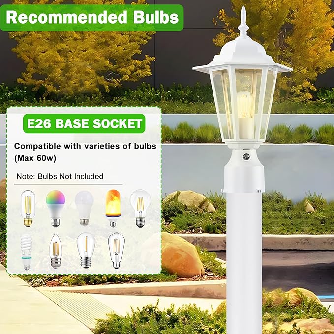 Dusk to Dawn Outdoor Post Light, Pole Lantern, Waterproof Die-Cast Aluminum Pole Light Fixture with Glass, Exterior Post Lamp for Garden Yard Patio Pathway, Matte White, 2-Pack