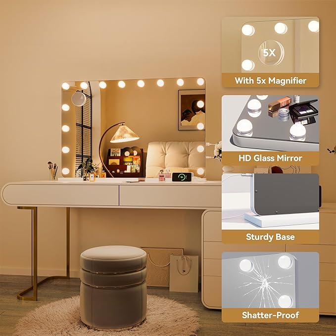 Hasipu Vanity Mirror with Lights 35" x 24", Makeup Mirror with Lights and Magnification, Hollywood Mirror with 3 Color Modes, LED Make up Mirror, Light up Mirror with USB & Type-C Charging