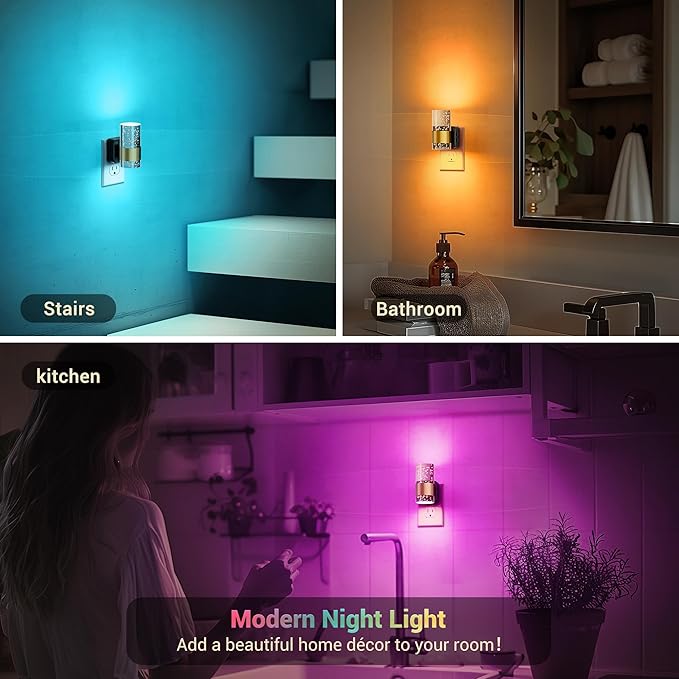 JandCase Night Lights Plug into Wall,Color Changing Night Light for Kids, 3000K+RGB 10-Color LED Nightlight with Dusk to Dawn Sensor, 10/50/100LM Adjustable Brightness for Rooms Home Decor