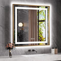 Amorho LED Bathroom Mirror, 36"X36" Gold Metal Framed Mirror with Front Light and Backlit, Stepless Dimmable, Anti-Fog, Shatter-Proof, Memory, 3 Colors