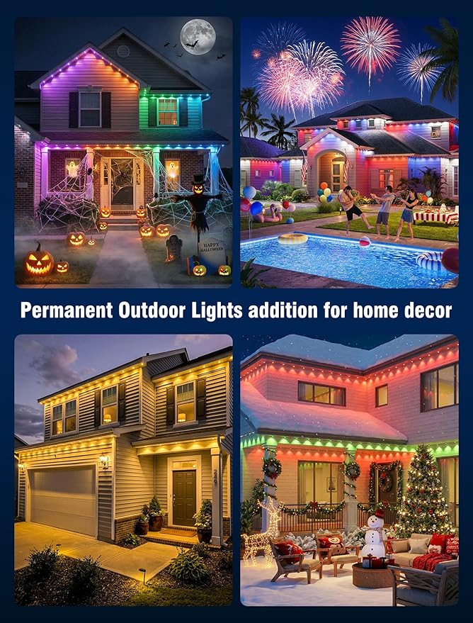 Permanent Outdoor Lights for House, 90 LED 150ft RGB+IC Eaves Lighting,Color Changing String Smart Lights Outdoor for Patio Decor,Year Around,Parties, Game Day, Easter, Christmas Decor