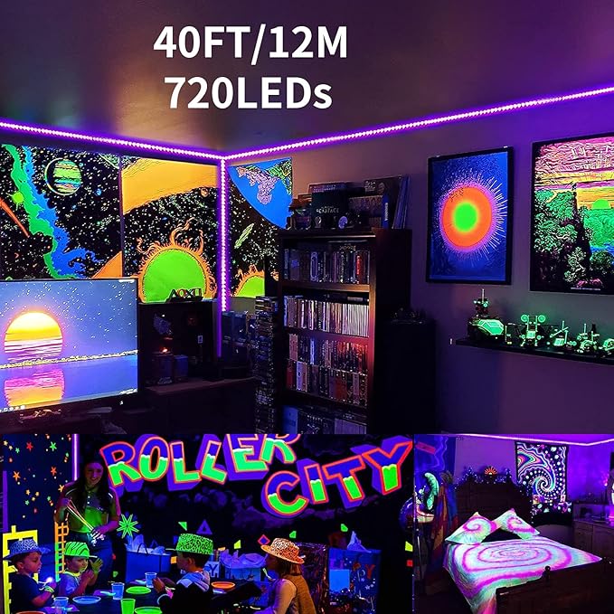 40FT Black Light Strip, Blacklight Flexible & Adhesive 720 LEDs, Black Light for Halloween, Neon Party, Birthday, Display Uranium Vaseline Glass, Posters, Curing Resin, Non-Waterproof Decor
