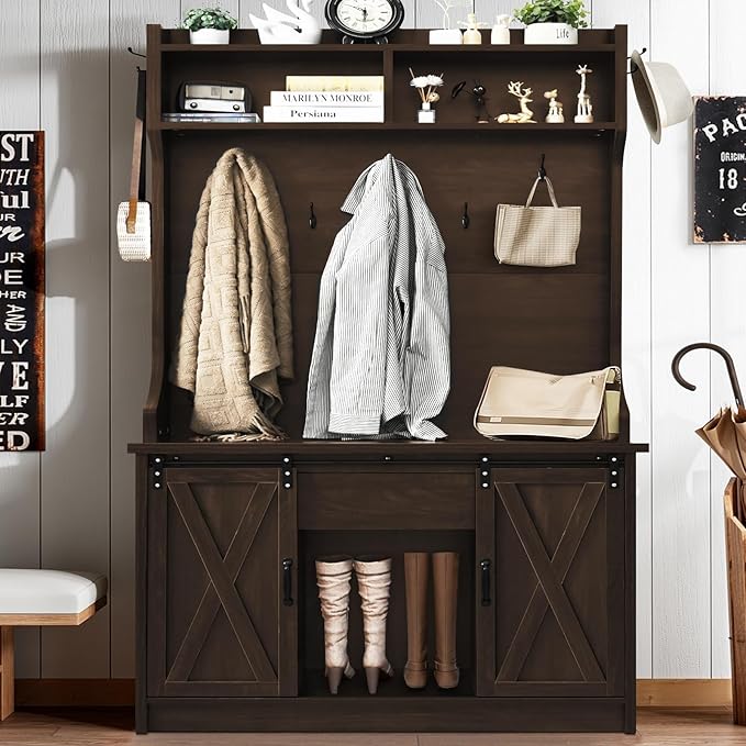 4ever2buy Farmhouse Hall Tree with Bench 5-in-1 Entryway Bench with Coat Rack with Sliding Barn Doors Entryway Coat Rack with Shoe Storage Dark Oak