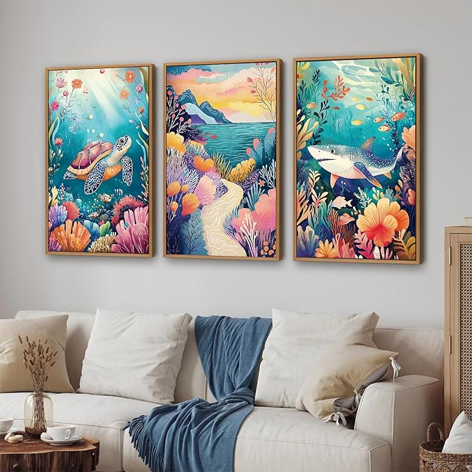 YeeHomedec Large Tropical Ocean Themed Framed Canvas Wall Art, Sea Turtle Shark Wall Decor, Coastal Nature Landscape Art Print, Marine Life Poster for Kids Nursery Classroom Playroom Bedroom 16"x24"x3