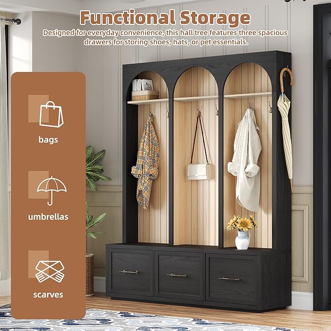 Merax Farmhouse Wood Hall Tree with 8 Hooks and Shoe Bench, Mudroom Versatile Coat Racks with 3 Drawers, Entrance Organizer for Hallway Black