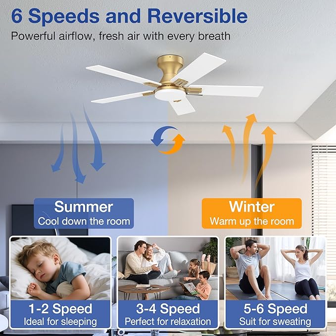 42 Inch Ceiling Fans with Lights,Smart Low Profile Ceiling Fan with Light and Remote Control,Modern Flush Mount Ceiling Fans for Bedroom,Patio,Porch,Outdoor Indoor Use,in Black White and Gold,Quiet