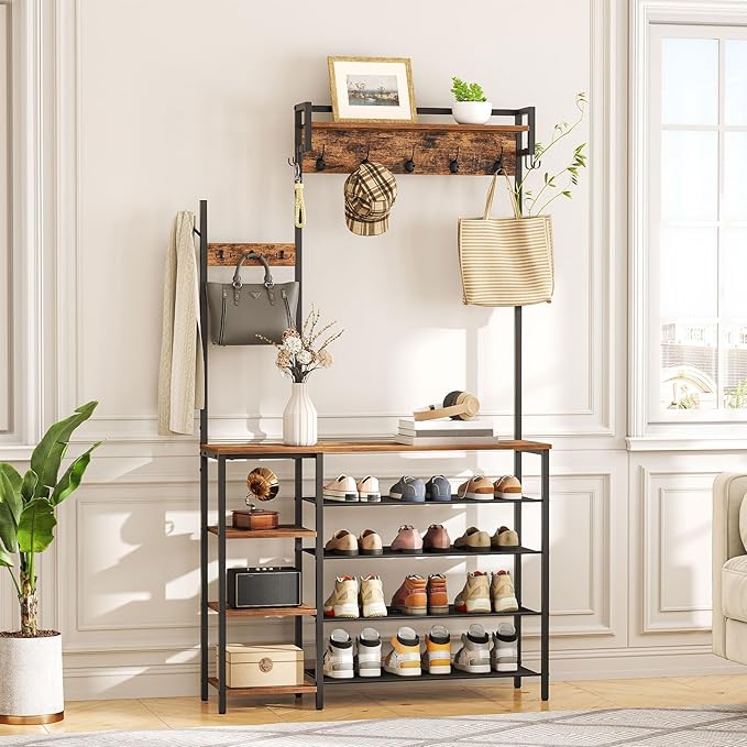 HOOBRO Hall Tree with Bench, Entryway Bench with Coat Rack, Shoe and Coat Rack for Entryway, Coat Rack with Shoe Storage and Reversible Storage Shelves, Rustic Brown BF105MT01
