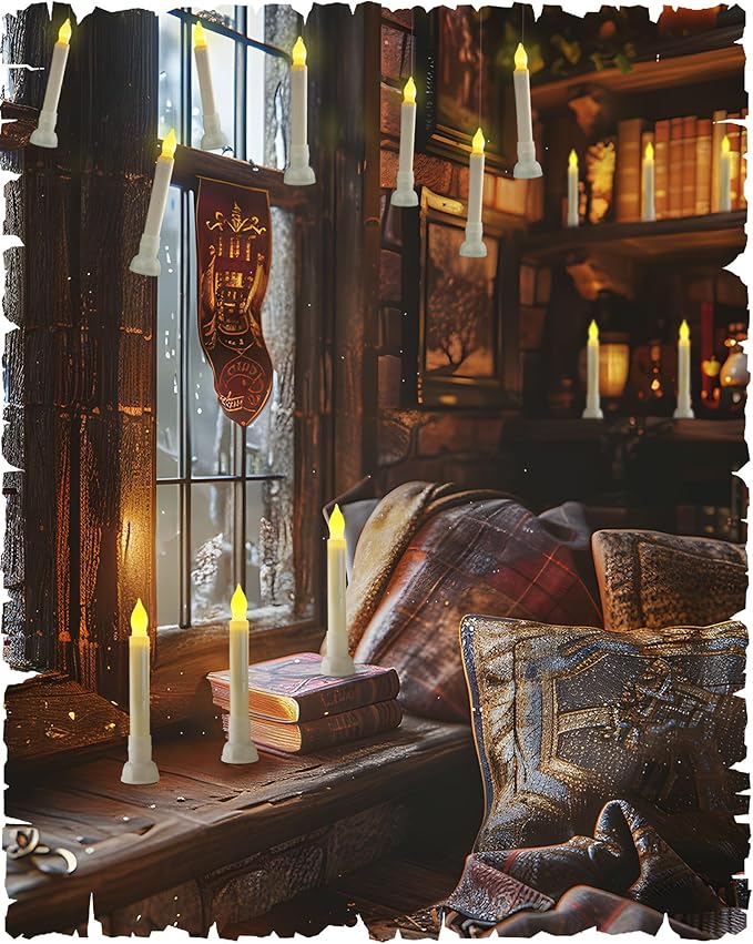 Amagic Batteries Included Floating Candles with Wand Remote, 12pcs Flickering Warm Light Flameless Taper Candles, Magic Hanging Candles with Base for Birthday Party, Halloween Decorations