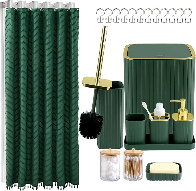 Bathroom Accessories Set-23Pcs Set, Complete Bathroom Decor & Home Decor, Bathroom Set with Toilet Brush, Trash Can, Soap Dispenser,Modern Bath Essentials (Green, Bath Set+Shower Curtain&Liner Set)
