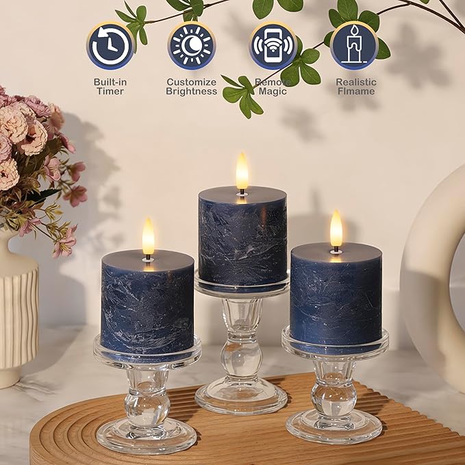 Navy Blue Flameless Candles with Remote and Timer, 3"x3" Real Wax Battery Operated Pillar Candles with 3D Flickering Flame, Set of 3