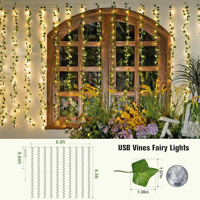 JMEXSUSS Vines Lights for Bedroom, 200 LED Vines Fairy Lights, Artificial Ivy Leaf Light for Wall Curtain Wedding Party Christmas Indoor Decor, 6.5ft x 6.5ft with Remote