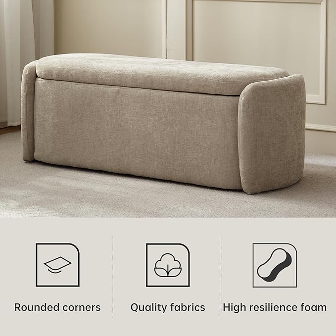 VKNOW 46" Oval Storage Ottoman Bench, Upholstered End of Bed Bench Ottomans Bench Foot Rest, Sherpa Storage Bench for Bedroom, Living Room and Hallway, Light Brown