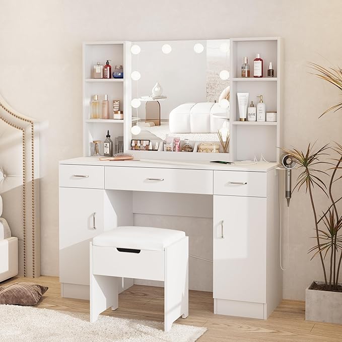 Makeup Vanity Table with Lighted Mirror & Power Outlets, Large Vanity Set Vanity Desk with Storage Stool, 3 Lighting Modes, Brightness Adjustable, 45inch, White
