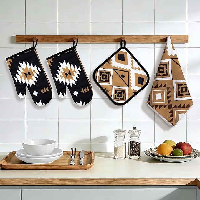 8 Pcs Western Aztec Kitchen Decor Accessories Set Farmhouse Towels Pot Holders Oven Mitts Set 4 Dish Towels 2 Potholders 2 Cooking Mittens Oven Glove for Home Baking Cooking Supply(Brown,Kitchen)