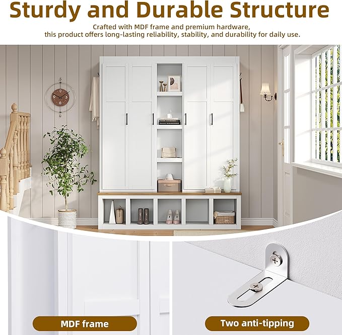 Merax Modern Farmhouse Hall Tree with Bench, 4-in-1 Entryway Storage Cabinet & Shoe Organizer with Hooks, White
