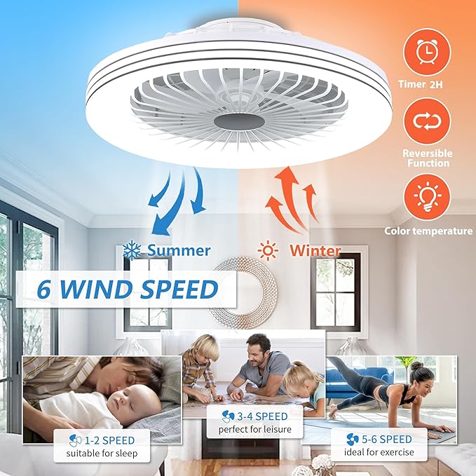 24" Low Profile Bladeless Ceiling Fan with Light, Enclosed Flush Mount Remote/APP Control, 3CCT Dimmable Light, Quiet 6 Speeds Timing Reversible