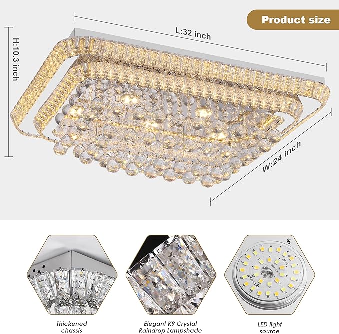 32 inch Crystal Flush Mount Chandelier, Modern Raindrop Crystal Silver Chandeliers with Remote and APP, 3 Colors Temp & Brightness Adjustable, Ceiling Light for Bedroom Hallway DiningRoom Living Room