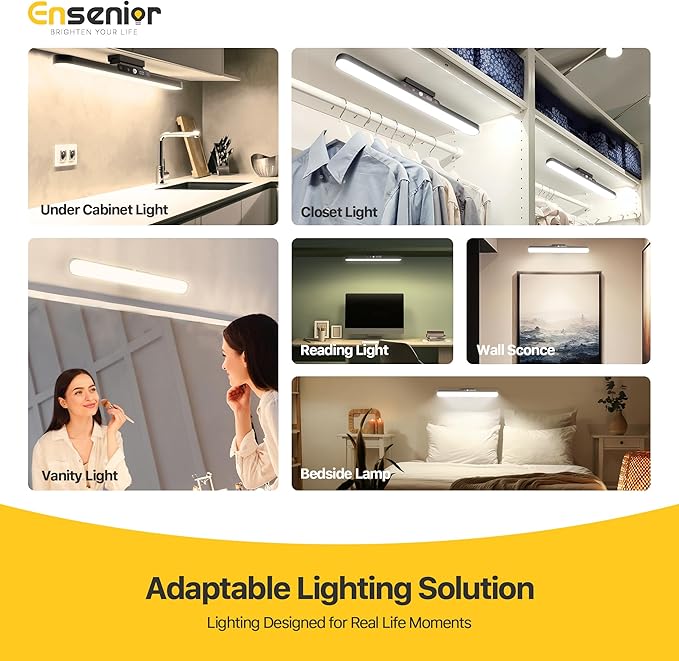 Motion Sensor Light Indoor, Rechargeable Under Cabinet Lighting with Remote Control Digital Battery Display, Dimmable Magnetic LED Closet Lights, 3 CCT Stick on Lights for Kitchen, Hallway, Stairs