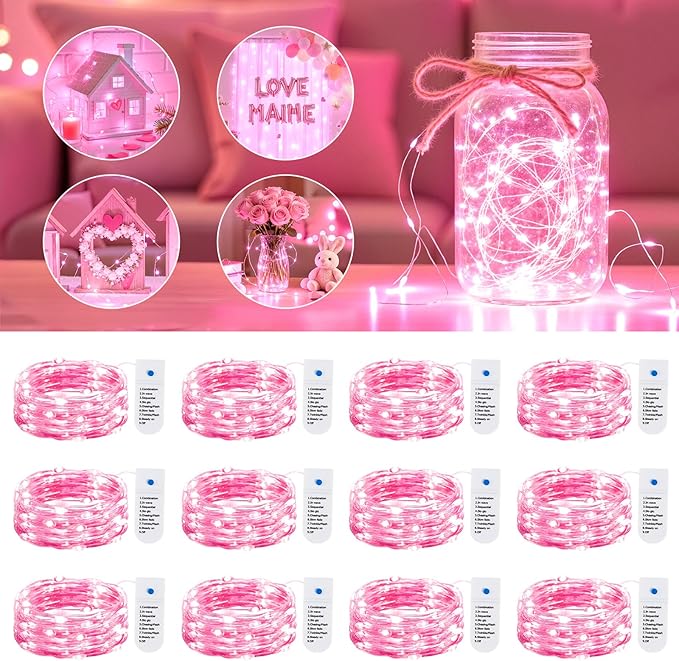 Minetom 12 Pack Pink Christmas Lights, 7ft 20 LED Fairy Lights Battery Operated, Valentines Day Decorations, 8 Modes Waterproof Silver Wire Twinkle Lights, Valentine's Day Lights