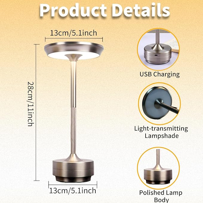 Cordless LED Table Lamp, Rechargeable Touch Control Desk Lamp Battery Operated Nightstand Night Light with Dimmable Brightness for Living Room, Home Office, Restaurant (Silver)