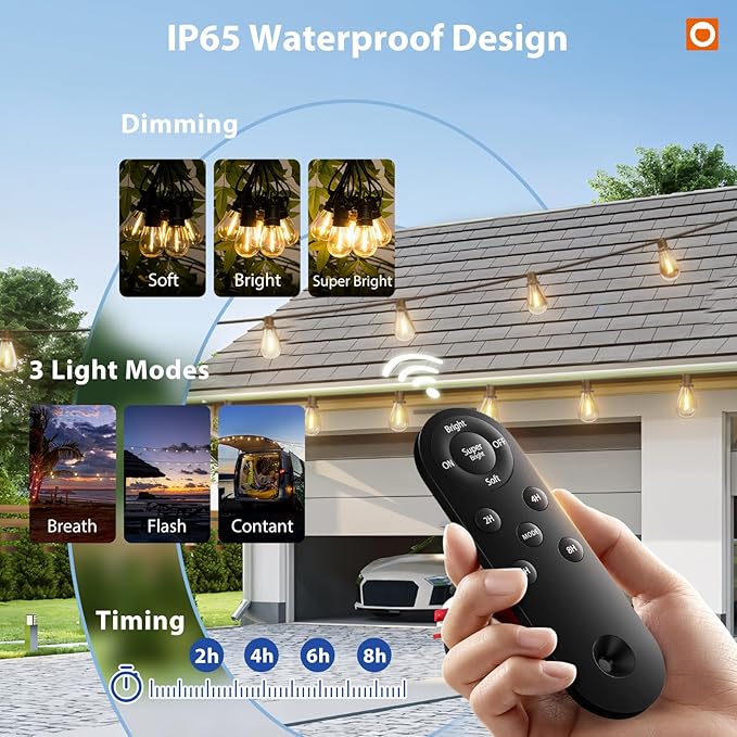 addlon 200FT(192+8) Solar String Lights Outdoor Waterproof 6W Panel with USB Port & Remote Control Solar Powered Patio Lights for Outside with 68 LED Dimmable Bulbs for Porch Garden Deck Halloween