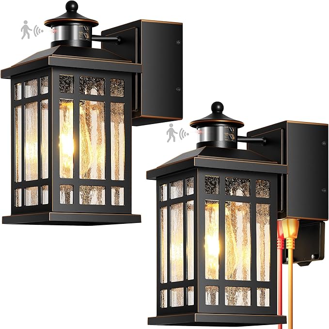 Motion Sensor Outdoor Lights Wall Mount with GFCI Outlet, Dusk to Dawn Exterior Light Fixture, 100% Anti-Rust Aluminum Waterproof Outside Wall Lighting for House, Black 2-Pack, Non-Solar