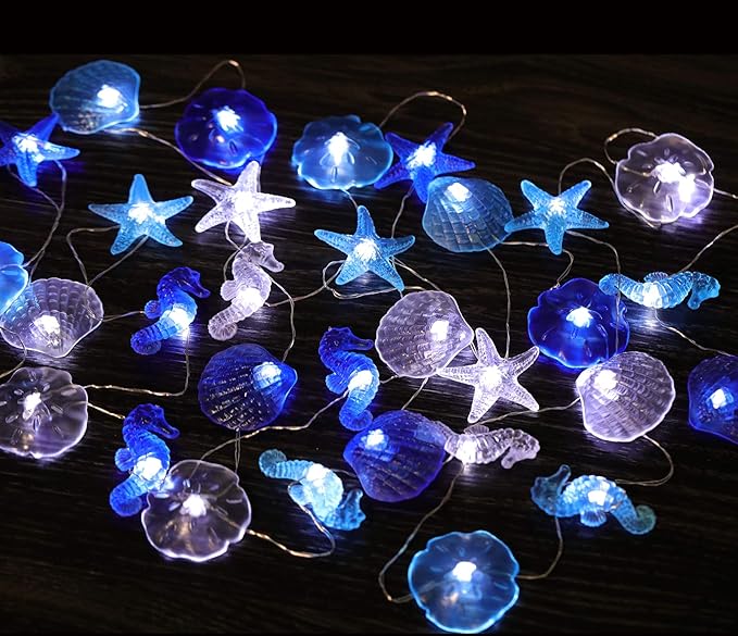 Coastal String Lights, 17.5 Ft 36 Cold White LED Beach Decorative String Lights Seashell Seahorse Starfish Sand Dollars Fairy Lights for Bedroom Party Indoor Outdoor Decorations