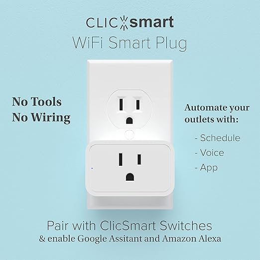ClicSmart Smart Home Wi-Fi Outlet Smart Plug for Outlets | Compatible with Alexa & Google Home to Control by Voice | Remote Control Regular Lights and Devices from Anywhere via Free ClicSmart App