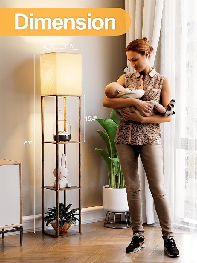 PARTPHONER Floor Lamp with Shelves for Living Room 2 Pack, Shelf Floor Lamp with 3 CCT LED Bulb, Corner Display Standing Column Lamp Etagere Organizer Tower Nightstand for Bedroom, Rustic Brown