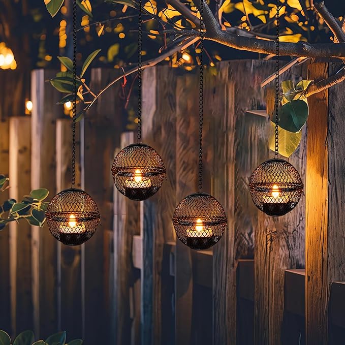 Solar Hanging Lanterns Lights Outdoor, 4 Pack Hanging Candle Holder with Solar Tea Lights Candles Outdoor Waterproof, Chandelier Ideas for Tree Pergola Patio Decor, ALL FORTUNE