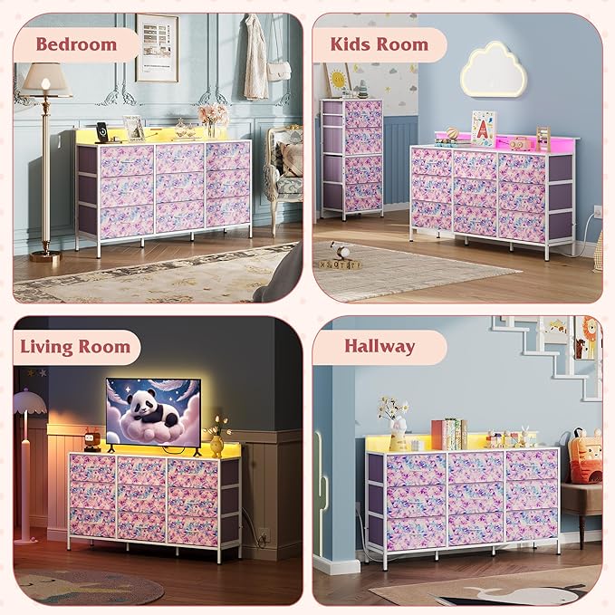 WLIVE Dresser TV Stand for 45, 50, 55 inch TV, Entertainment Center with LED Lights & Charging Station, Chest of Drawers with 9 Fabric Drawers and Open Shelves for Living Room, Tie-dye Purple Print