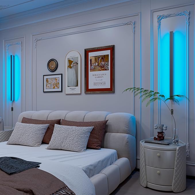 Smart Plug In Wall Lights Set of 2, RGBCW Color Changing LED Wall Sconces Works with Alexa, Goolge Home, Smart App, 23.6In Modern Black Indoor Wall Lamp for Bedroom, Living Room, Hallway, Music Sync