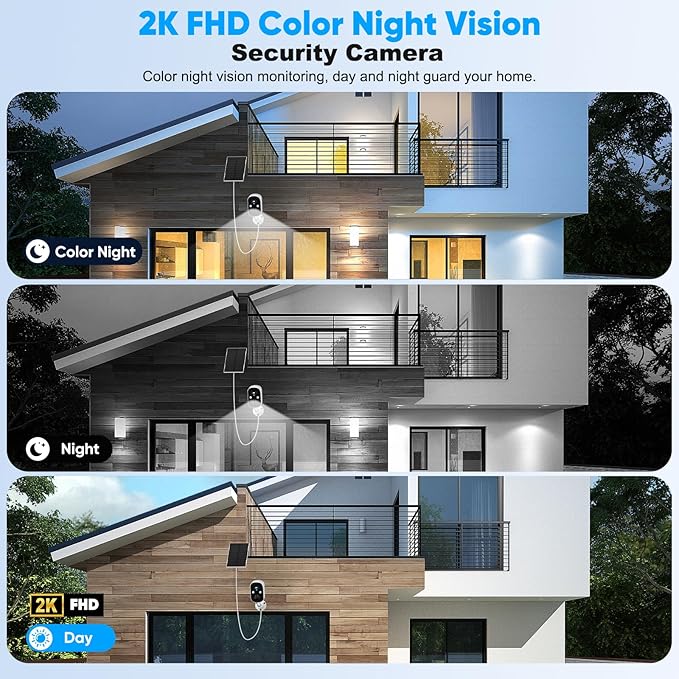 Solar Security Cameras Wireless Outdoor, 2K Solar Camera Wireless for Home, Color Night Vision, PIR Motion Detection, IP66 Waterproof, Cloud Storage/SD Card, Instant Alerts,2.4GHz WiFi (Black)
