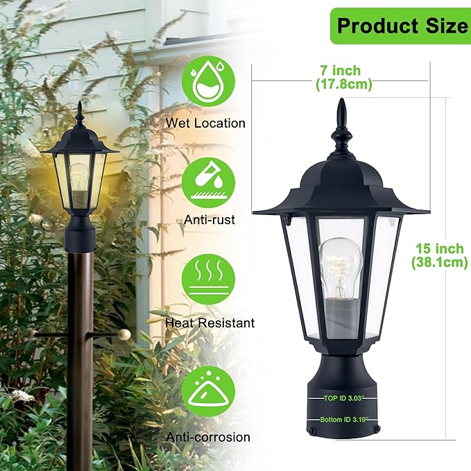 Outdoor Post Light, Pole Lantern, Waterproof Die-Cast Aluminum Pole Light Fixture with Glass, Exterior Post Lamp for Garden Yard Patio Pathway, Matte Black, 1-Pack