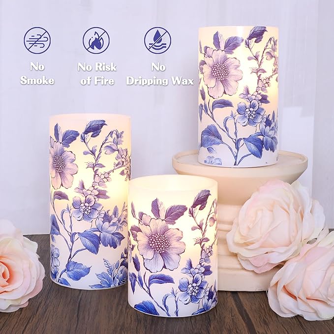 Crystal Club Chinoiserie Decor Flameless Candles Blue and White Porcelain Floral Battery Operated LED Pillar Candles with Remote & Timer Real Wax Candles Floral Decor for Home Wedding Centerpiece