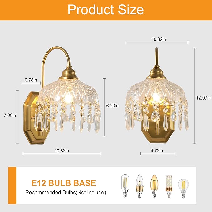 2-Pack Vintage Wall Sconce,Glass Crystal Wall Sconce, Antique Brass Finish Set of Two for Bedroom Bathroom Hallway Living Room Decor