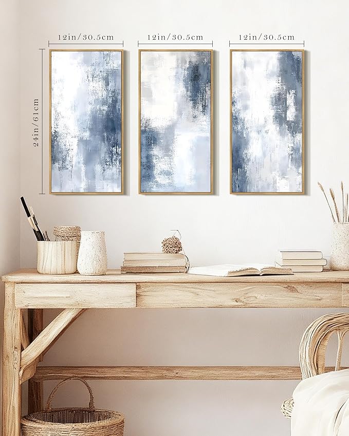KUVIOKE Large 12x24in Abstract Wall Art Blue Gray White Minimalist Painting Modern Decor Bedroom Living Room Ready to Hang Natural Framed
