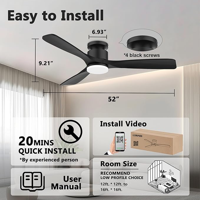 52 Inch Smart Low Profile Ceiling Fan,Solid Wood Ceiling Fan with Lights Remote,Outdoor Indoor Flush Mount,WIFI Alexa App Control,Quiet DC Motor,Dimmable,Modern Ceiling Fan for Bedroom Patio,Black