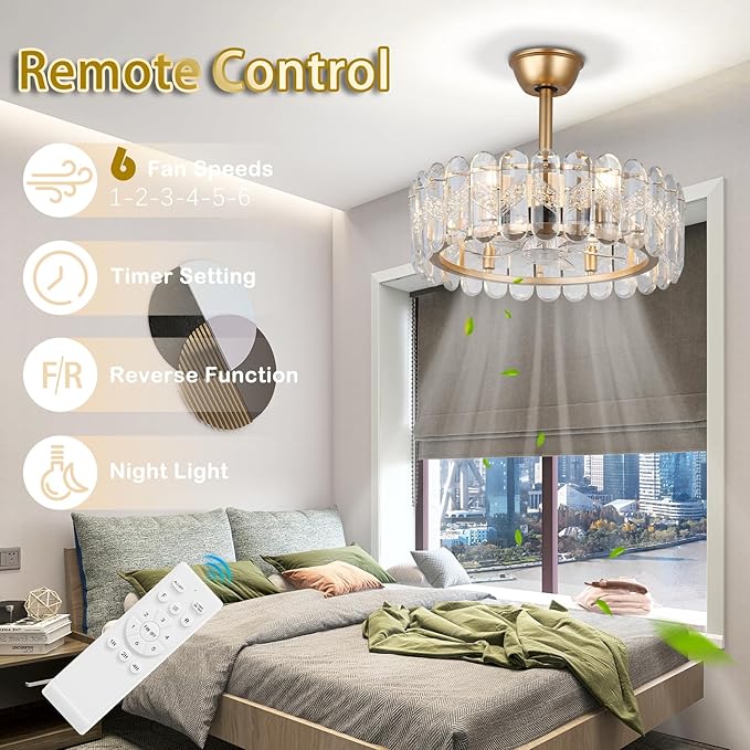 Finktonglan 20 Inch Gold Caged Ceiling Fan with Light, Crystal Chandelier Ceiling Fan with Lights Remote Control, Modern Crystal Fandelier 6 Speeds for Dining Room, Living Room