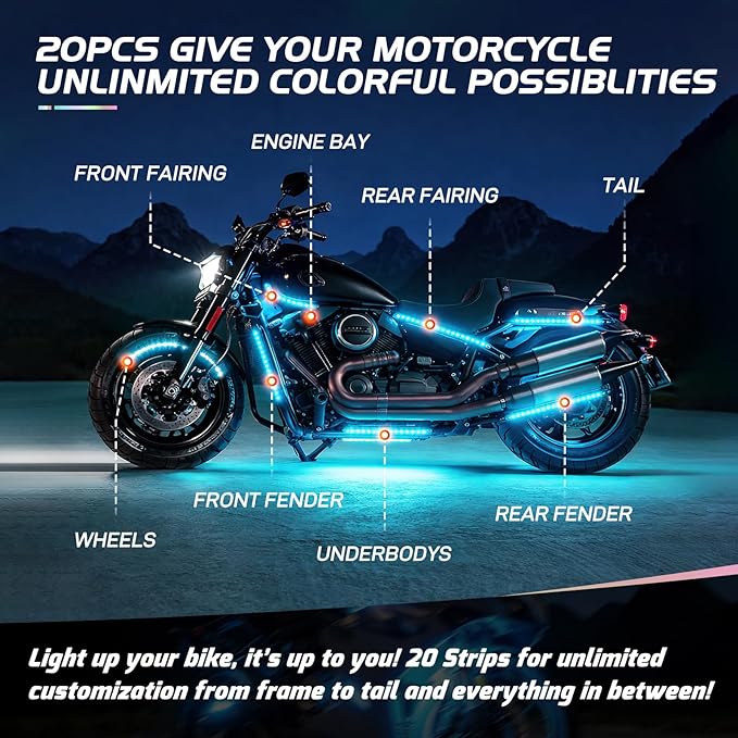 Nilight 20PCS Motorcycle RGB LED Light Kit Waterproof Multi Color Atmosphere Neon Accent Lights Lamp APP and Remote Control Underbody Strips for Harley Davidson Honda Kawasaki Yamaha Suzuki