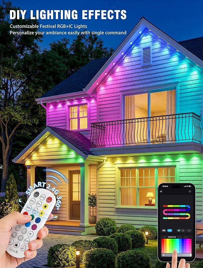 Permanent Outdoor Lights for House, 90 LED 150ft RGB+IC Eaves Lighting,Color Changing String Smart Lights Outdoor for Patio Decor,Year Around,Parties, Game Day, Easter, Christmas Decor