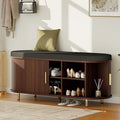 Entryway Bench with Storage: 43.31" Wooden Bedroom Shoe Bench with Thickened Padded Seat Cushion, Mid Century Modern Fluted Sliding Door and Adjustable Shelf, for Entryway, Living Room