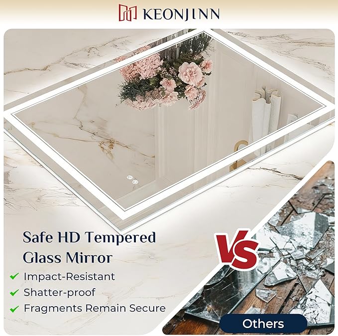 Keonjinn LED Bathroom Mirror 28" x 36", Frontlit & Backlit Bathroom Vanity Mirror with Lights, HD Tempered Glass, UL-Listed, Anti-Fog, 3 Color Lights, Dimmale, Memory Function, LED Wall Mirror
