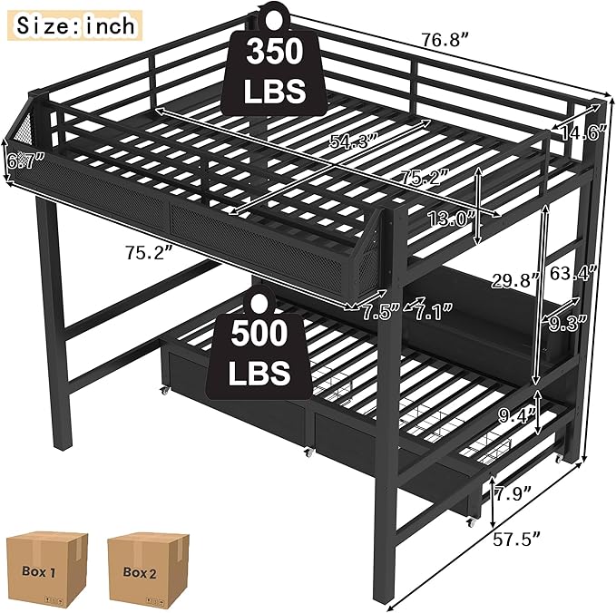 Bellemave Metal Full Over Full Size Bunk Bed Frame with Storage Drawers and Shelves,Heavy Duty Kids Bunk Beds with LED Lights and Charging Station for Teens,Adults,Convertible into a Sofa Bed,Black