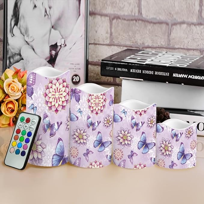 Purple Butterfly Floral Plastic Flameless Candles with Remote Control and Timer LED Flickering Battery Electric Pillar Candles for Table Home Decoration
