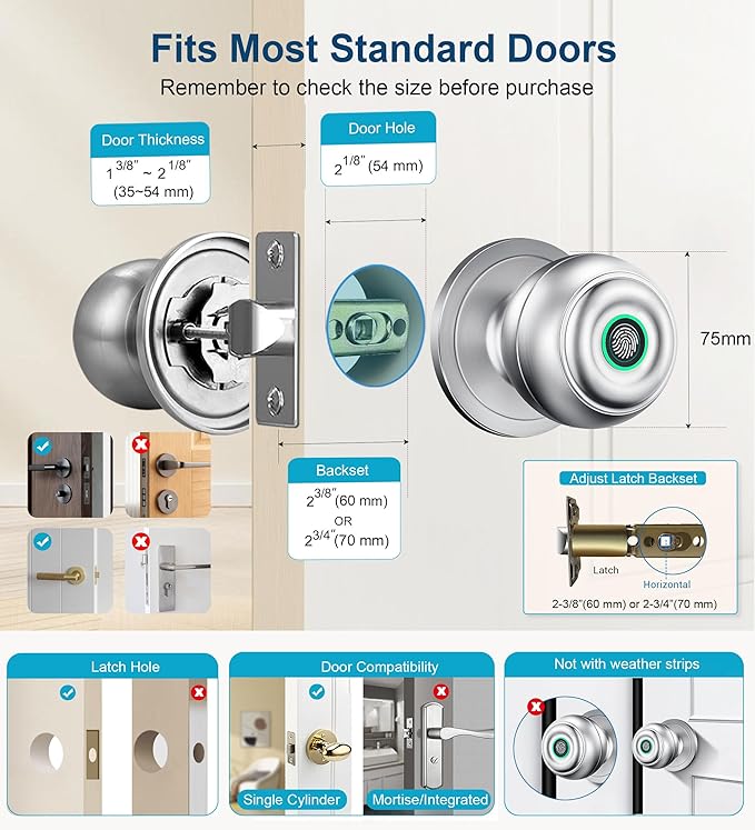 Fingerprint Door Lock, Smart Fingerprint Door Knob with Lock, Biometric Door Locks with App Control & Key, Keyless Thumbprint Entry Door Locks for Bedroom, Front Door, Home, Apartment-Silver