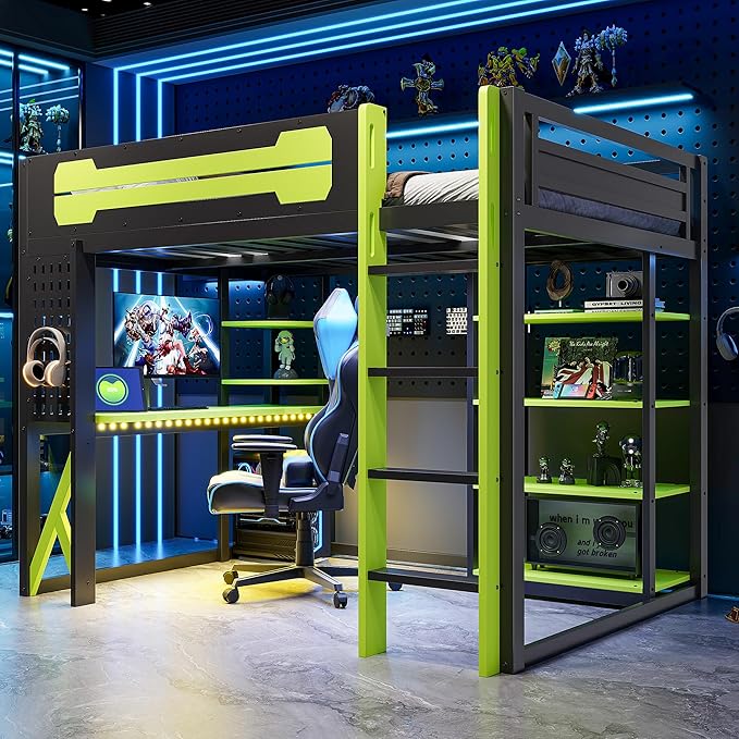 MERITLINE Ultimate Gaming & Study Loft Bed: Full Size Wood Frame with Integrated Desk, RGB Lights, Charging Station, Bookshelf & Pegboard (Black+Green)