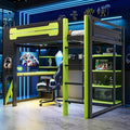 MERITLINE Ultimate Gaming & Study Loft Bed: Full Size Wood Frame with Integrated Desk, RGB Lights, Charging Station, Bookshelf & Pegboard (Black+Green)